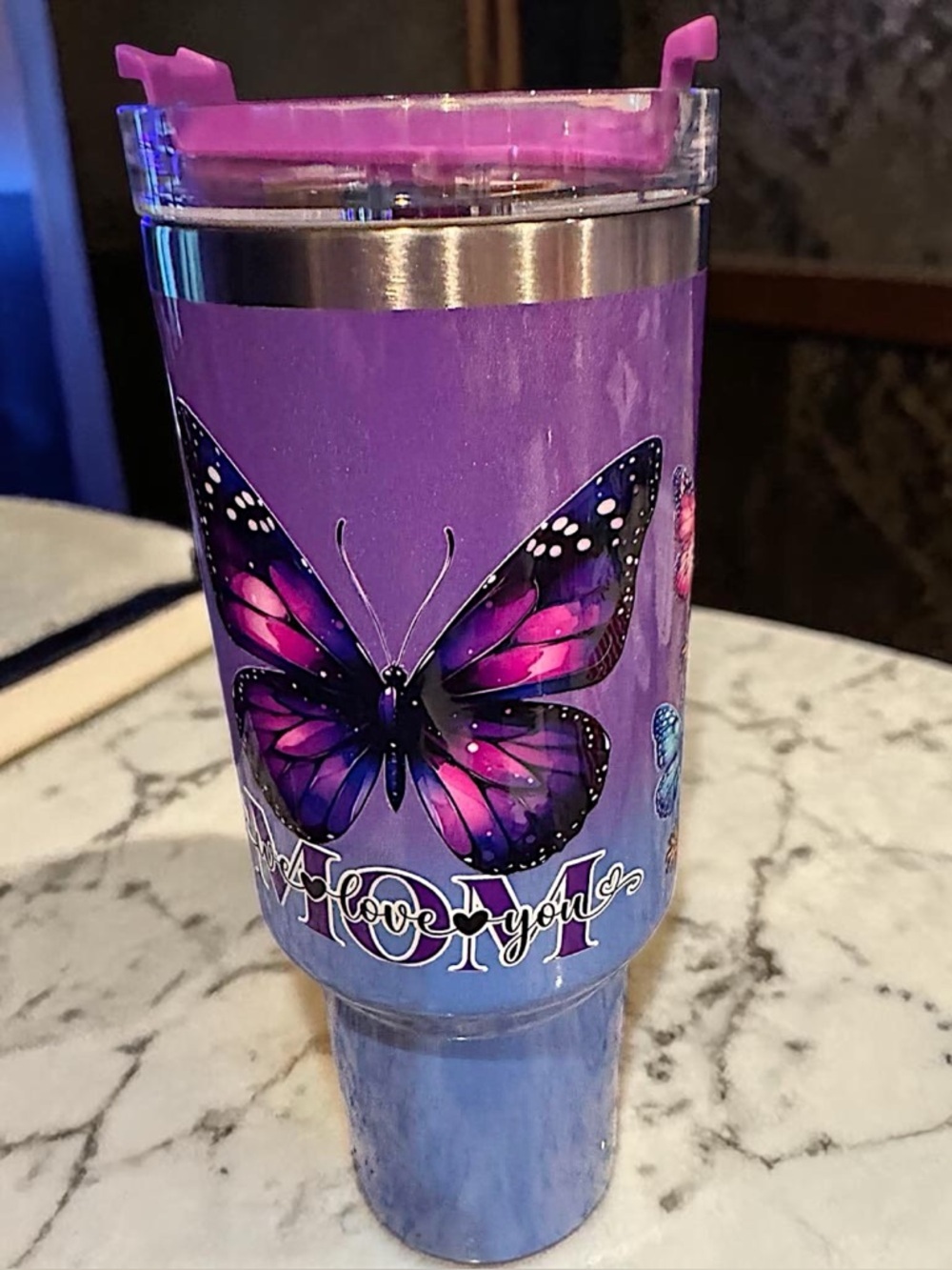 Stainless steel Purple Butterfly Travel Tumbler with Pink Lid NEW IN BOX